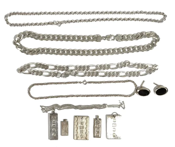 Silver jewellery, comprising; two faceted curb link neckchains, having sprung hook shaped clasps, three further neckchains, five ingot shaped pendants