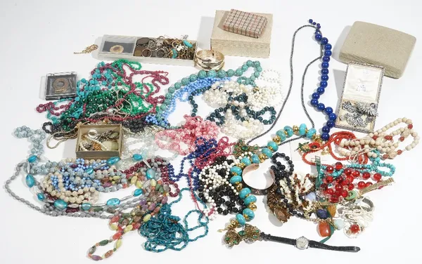 A collection of mostly costume jewellery, including; a turquoise matrix bead necklace, a tiger's eye and mother-of-pearl bead necklace, various furthe