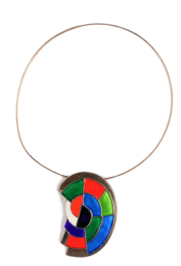 A Sonia Delaunay, France silver and enamelled pendant, 'Abstraction', the pendant of abstract design, decorated with varicoloured enamels, with a rigi