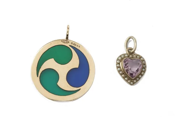 A gold, amethyst and seed pearl set pendant by Merle Bennett & Co, in a heart shaped design, detailed 9 CT and a 9ct gold, blue and green glazed circu