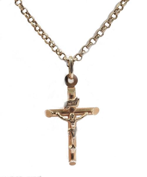 A 9ct gold pendant crucifix, with a 9ct gold circular link neckchain, on a boltring clasp, combined weight 5.7 gms, with a case, (2).