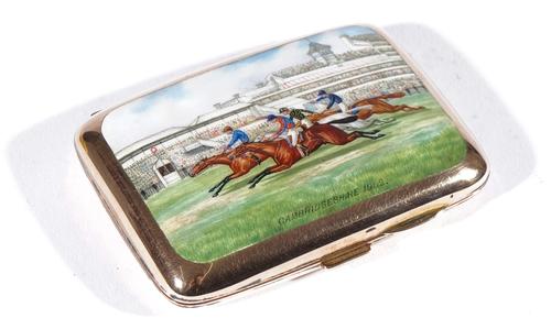 A 9ct gold and enamelled cigarette case, of curved rectangular form, the front enamelled with a view of a horse race with a stand in the background, d