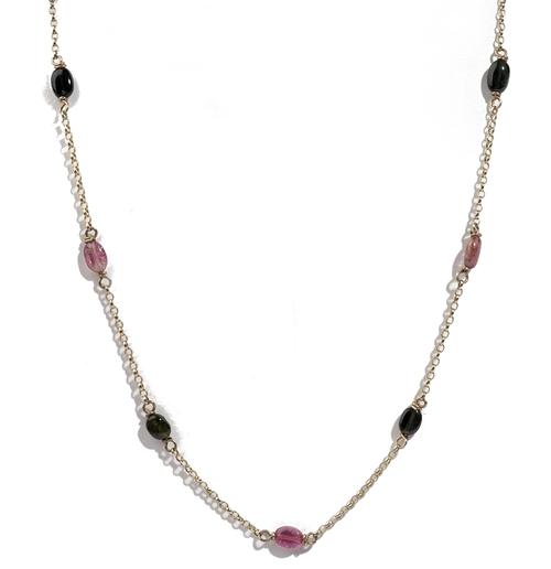 A gold and tourmaline bead necklace, the oval link chain spaced with alternating green and pink tourmaline beads, on a sprung hook shaped clasp, detai