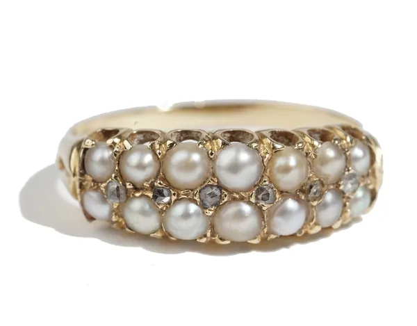 A gold ring, mounted with two rows of seven half pearls and with a row of six rose diamonds mounted at intervals, detailed 18 C, ring size O and a hal