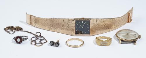 A 22ct gold and colourless gem set ring, gross weight 6.6 gms, a gold wedding ring, detailed 800, weight 2.7 gms, a pair of gold, sapphire and diamond