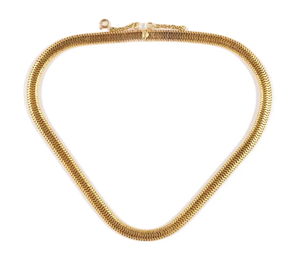 A Victorian gold collar necklace, in an oval serpentine link design, on a snap clasp, fitted with a safety chain, length 41cm, weight 43 gms.