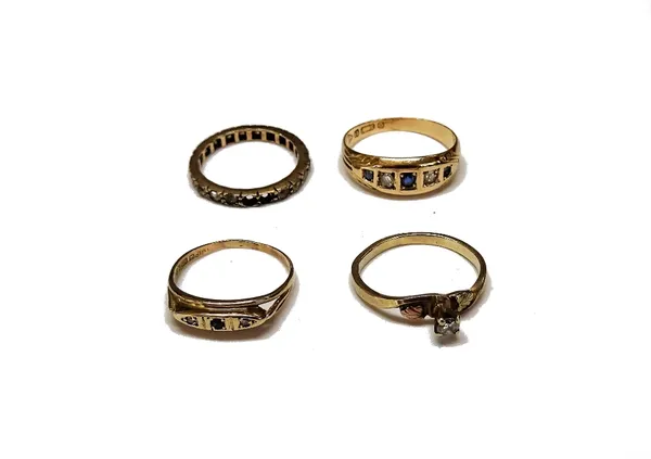 A Victorian 15ct gold, sapphire, diamond and colourless gem set five stone ring, Chester 1897, ring size O, gross weight 2.8 gms,a gold and diamond si