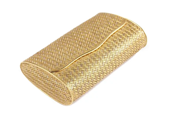 An 18ct two colour gold hinge lidded evening purse, of woven form, detailed 750, length 9cm, weight 89 gms.