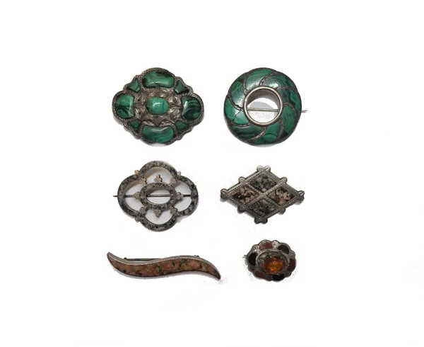 Two Scottish Aberdeen granite brooches, two malachite brooches and two further brooches in the Scottish taste, (6).