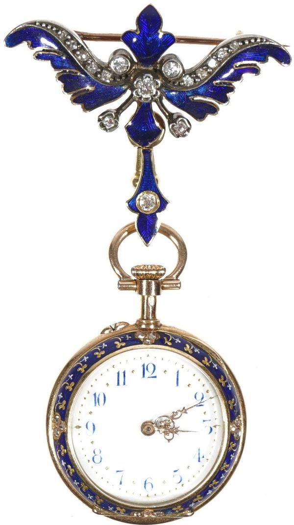 A gold, diamond set and enamelled keyless wind, openfaced lady's pendant watch, with an unsigned gilt cylinder movement, the gold inner and outer case