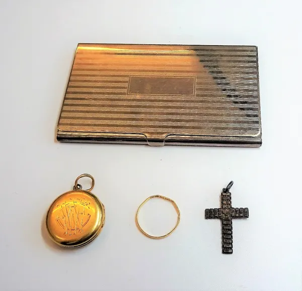 A gold cased pendant compass, the front monogram engraved, a 22ct gold wedding ring, weight 0.7 gms, a pendant cross and a Tiffany & Co silver rectang