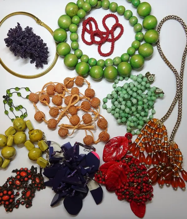 A collection of costume jewellery; comprising; various bead necklaces, wrist and other watches, bangles, rings, brooches, hair combs and further items