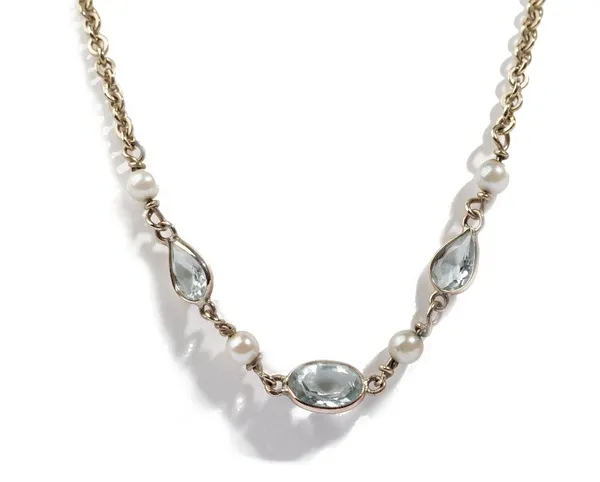 A 9ct gold, aquamarine and cultured pearl necklace, the front mounted with one oval and two pear shaped aquamarines, alternating with four cultured pe