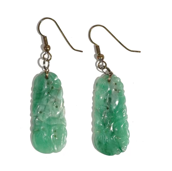 A pair of pierced and carved jadeite pendant earrings, of tapered plaque design, pierced and carved with fruit, suspended from gilt metal hooks, weigh