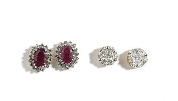 A pair of 9ct gold, ruby and diamond set oval cluster earstuds, the backs with post and butterfly clip fittings and a pair of 18ct gold and diamond se