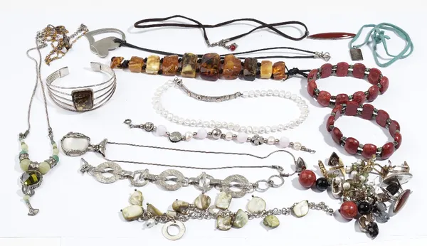 A group of jewellery, comprising; a freshwater cultured pearl necklace, six further pendant necklaces, seven bracelets, eight pairs of earrings, a pai