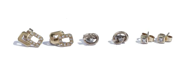 A pair of gold and diamond earstuds, each in a twin square shaped design and two pairs of gold and diamond single stone earstuds, the backs with post