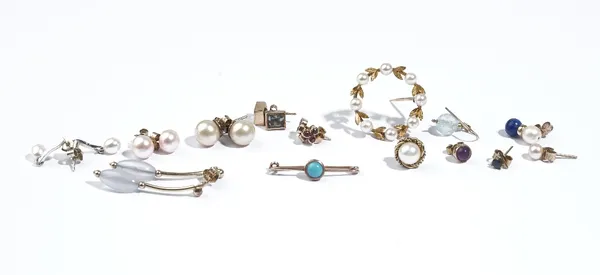 A cultured pearl brooch, designed as a wreath, a pale blue gem set lace pin, six pairs of earrings, in a variety of designs and six odd earrings, in a