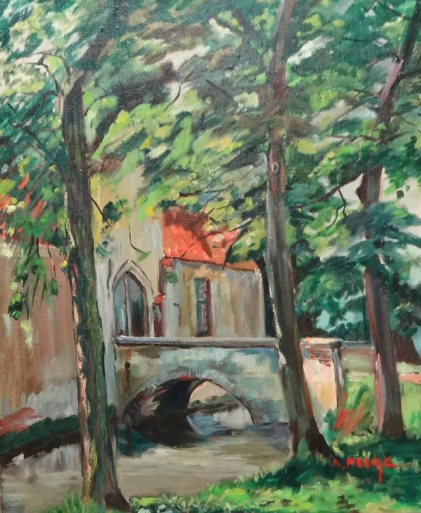 Andre Peere (1926-1995), A wooded river scene with bridge, oil on canvas, signed, 58cm x 48.5cm.