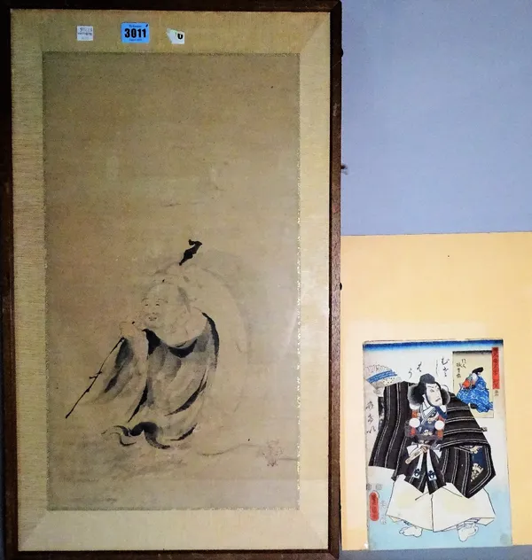 Japanese school, Edo period, study of Hotei, ink on paper, stamped red censer, 52cm by 28cm, framed and glazed; and a woodblock print of an actor by K