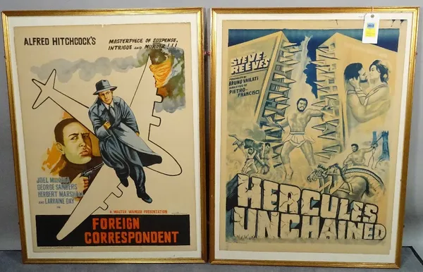 Two Indian release film posters, pasted on board, includes, 'Foreign Correspondent', United Artists (1940), director Alfred Hitchcock, 102cm x 76cm, p