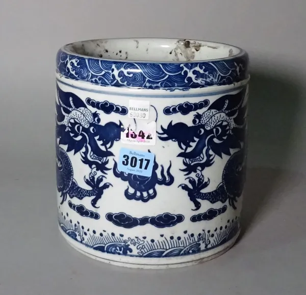 A modern Chinese style blue and white porcelain brush pot, decorated with a dragon chasing a flaming pearl, printed mark to base, 19.5cm high.