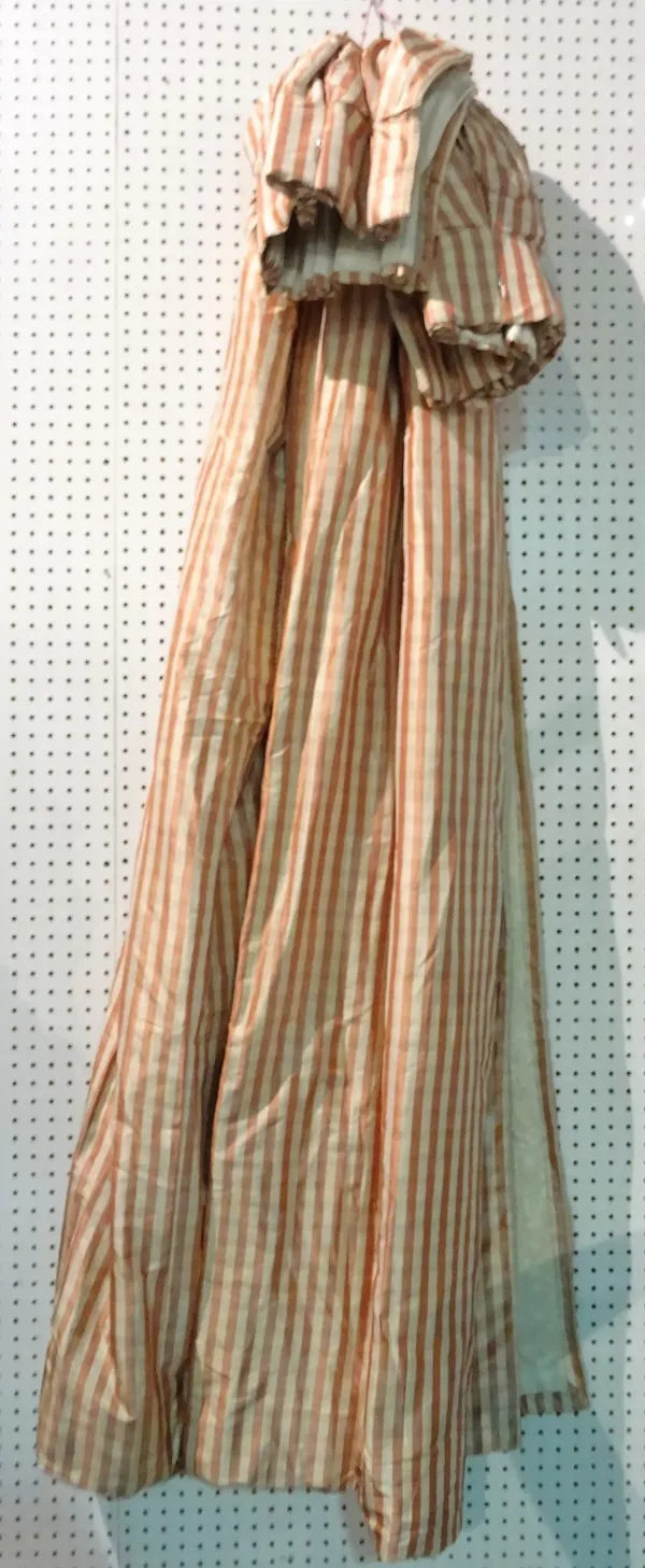 A pair of modern lined and interlined red and white striped curtains, 65cm wide x 227cm long.