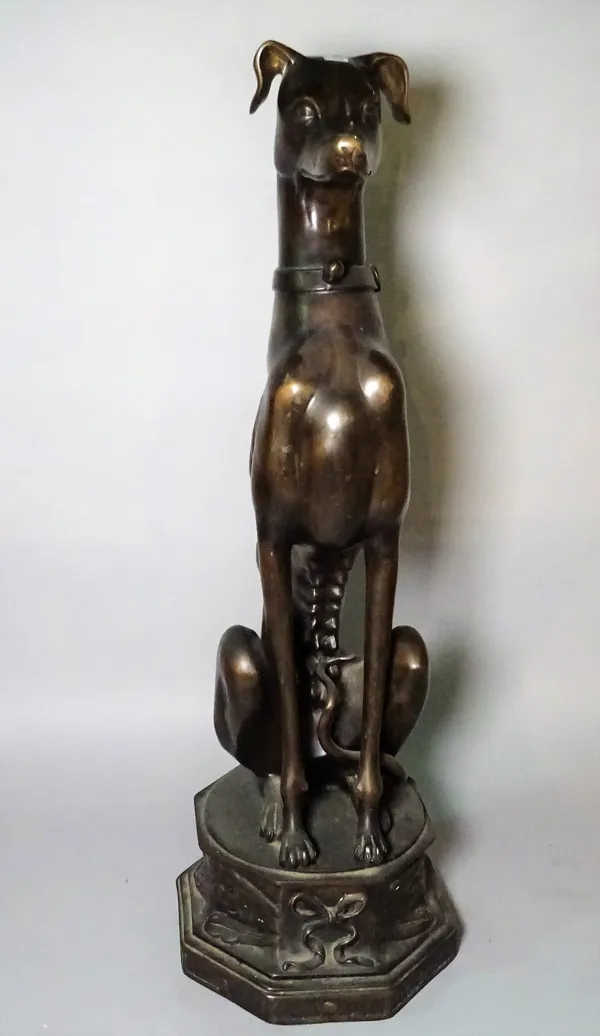 A modern composite bronze figure of a greyhound, on octagonal plinth base, 78cm high.