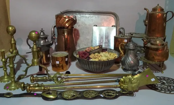 Metalware collectable copper, brass and pewter, including fire dogs, kettles, trivets and sundry. (qty)