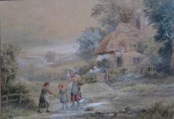 A group of three 19th century watercolours, including Follower of Myles Birket Foster, children by a cottage; A distant view of a castle and a lake la