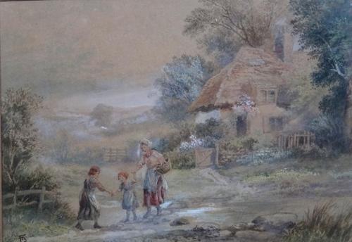 A group of three 19th century watercolours, including Follower of Myles Birket Foster, children by a cottage; A distant view of a castle and a lake la