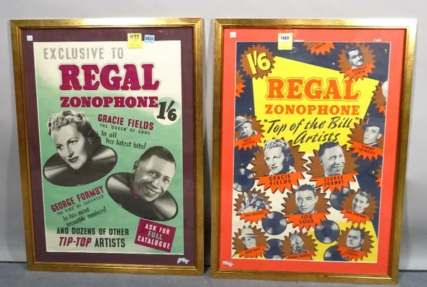 Regal Zonophone: 'Top of the Bill Recording Artists', circa 1950s:  two promo posters for the British record label, each poster 73cm x 48cm within mou