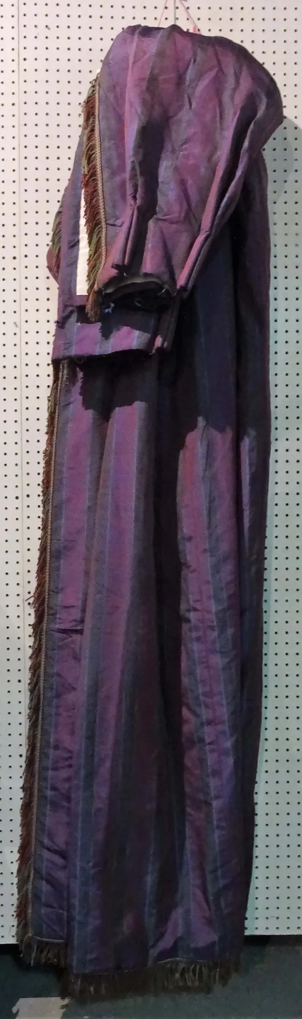 A pair of modern lined and interlined purple and green striped curtains, each 90cm wide x 278cm long.