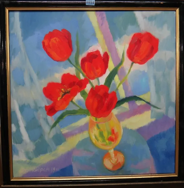 Kim Redpath (Scottish 1925-2018), Still life of tulips in a vase, oil on canvas, signed and dated '89, 60cm x 60cm.