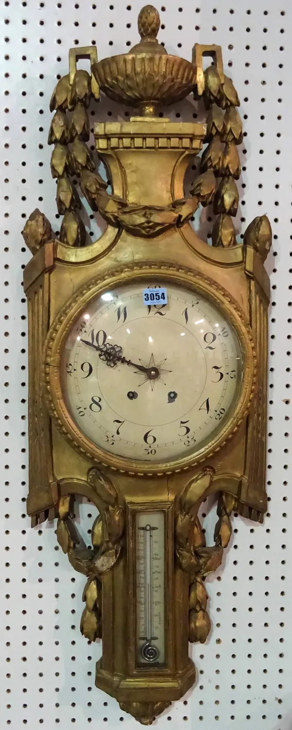 A modern giltwood hanging barometer, 34cm wide x 105cm high.