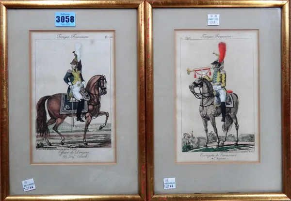 A pair of hand coloured engravings of 'Troupes Francaisea', each 21cm x 13cm.; together with a carved wooded panel. (3)