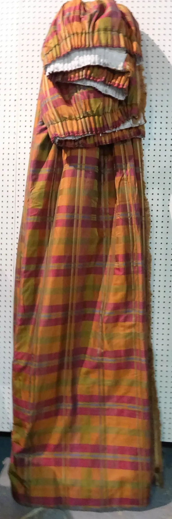 A pair of modern lined and interlined orange and purple checked curtains, each 170cm wide x 262cm long.