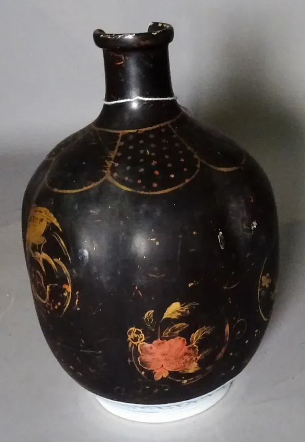 An Arita lacquered porcelain bottle, Edo period, the lobed ovoid body  gilt with birds and flowers against a black lacquer ground, blue six character