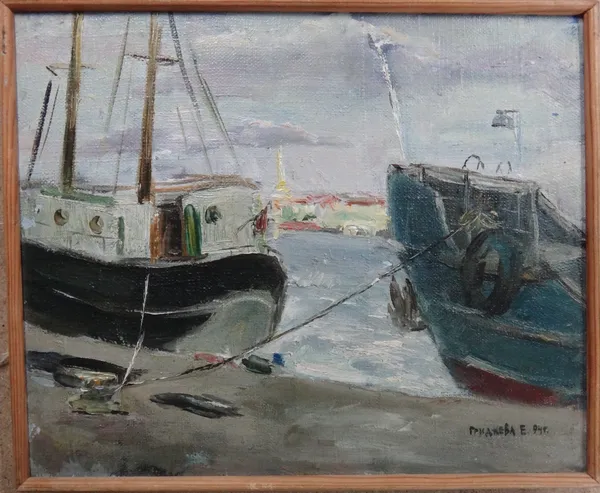 Russian School (20th century), Harbour scene, oil, signed in Cyrillic, inscribed on reverse, 24cm x 29cm.