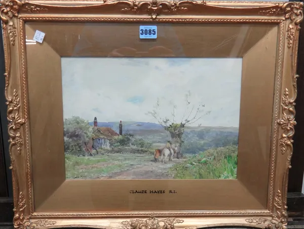 Claude Hayes (1852-1922), figure with horses in a  landscape, watercolour, signed, 23cm x 33cm.