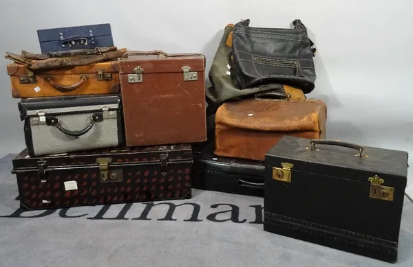 A quantity of mostly early 20th century travelling cases and bags, largest 68cm wide x 25cm high.