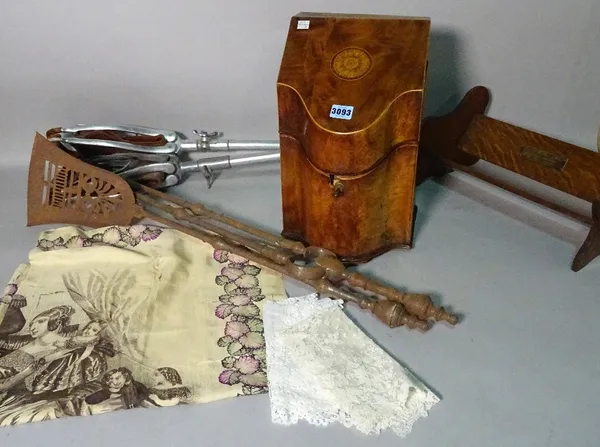 A quantity of collectables comprising: a Victorian mahogany decanter box, two shooting sticks, small lace items and an oak book rack. (qty)