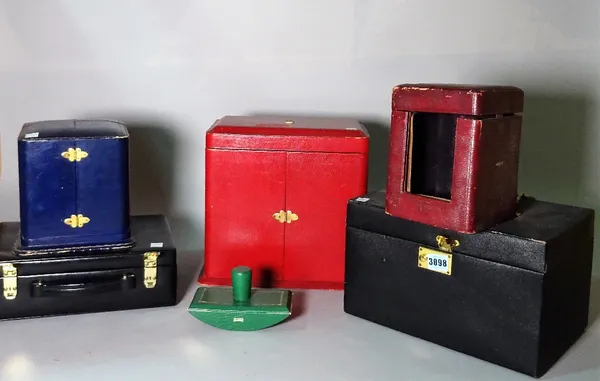 A group of various boxes, including three leather vertu cases, a leather clock case, a blotter and a stationery folder.