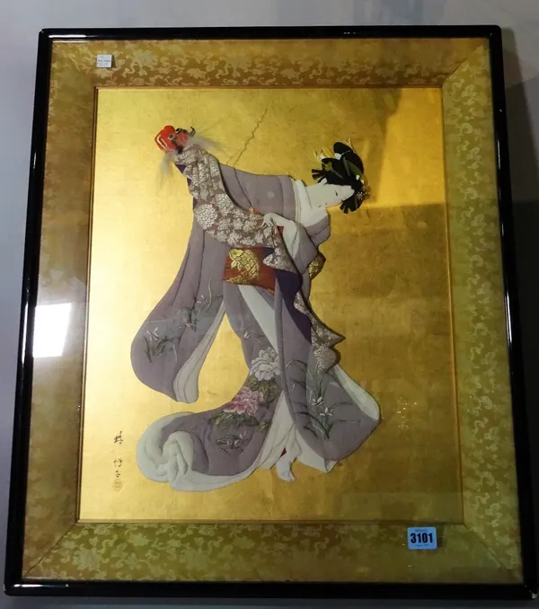 A Japanese picture, modern, mixed media depicting a geisha, 58cm x 65cm.