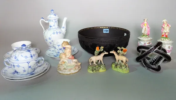 A small group of mixed ceramics, including a Wedgwood basalt bowl, a part Copenhagen coffee set, and continental porcelain figures.