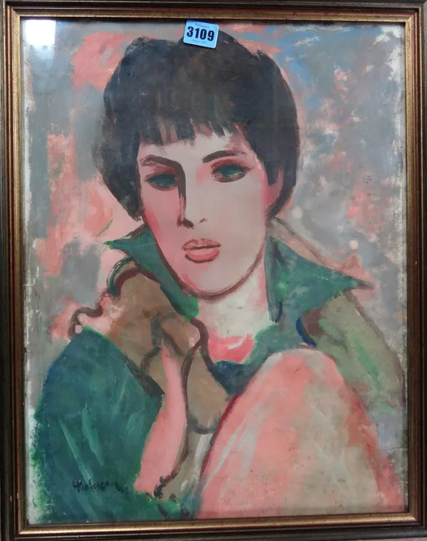 Attributed to Henri Malencon (1876-1960), Portrait of a young woman, gouache, indistinctly signed, 47cm x 36cm; together with an oil of an Arab man si