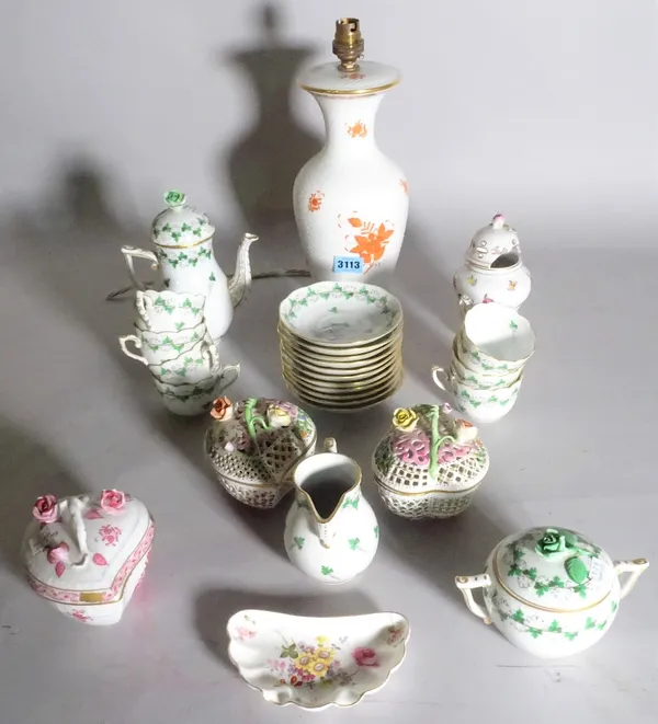 Ceramics, a Herend porcelain lamp base, 30cm high, three Herend pots, (a.f.), and a green and white Herend style tea set.