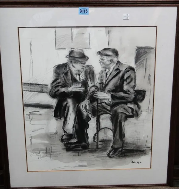 Kate Byrae (20th century), The conversation, charcoal, signed, 48.5cm x 42.5cm.