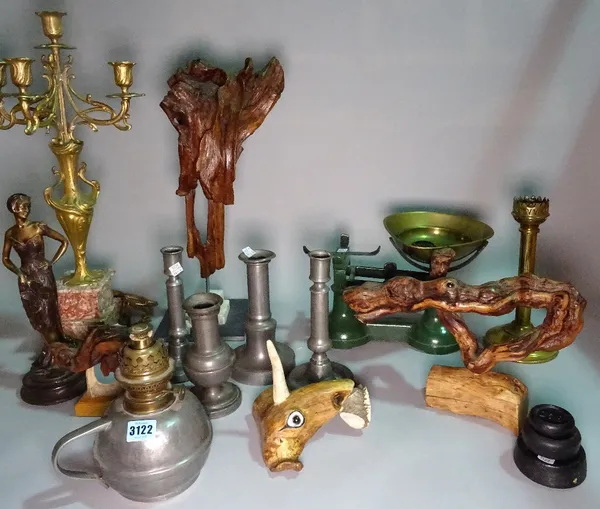 Collectables including balance scales, pewter candlesticks, root wood sculptures, brassware and sundry. (qty)