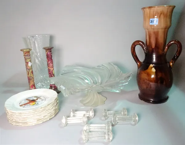 Ceramics and glass, including a part set of French children's plates with month of the year decoration, a brown twin handled vase and glass candlestic